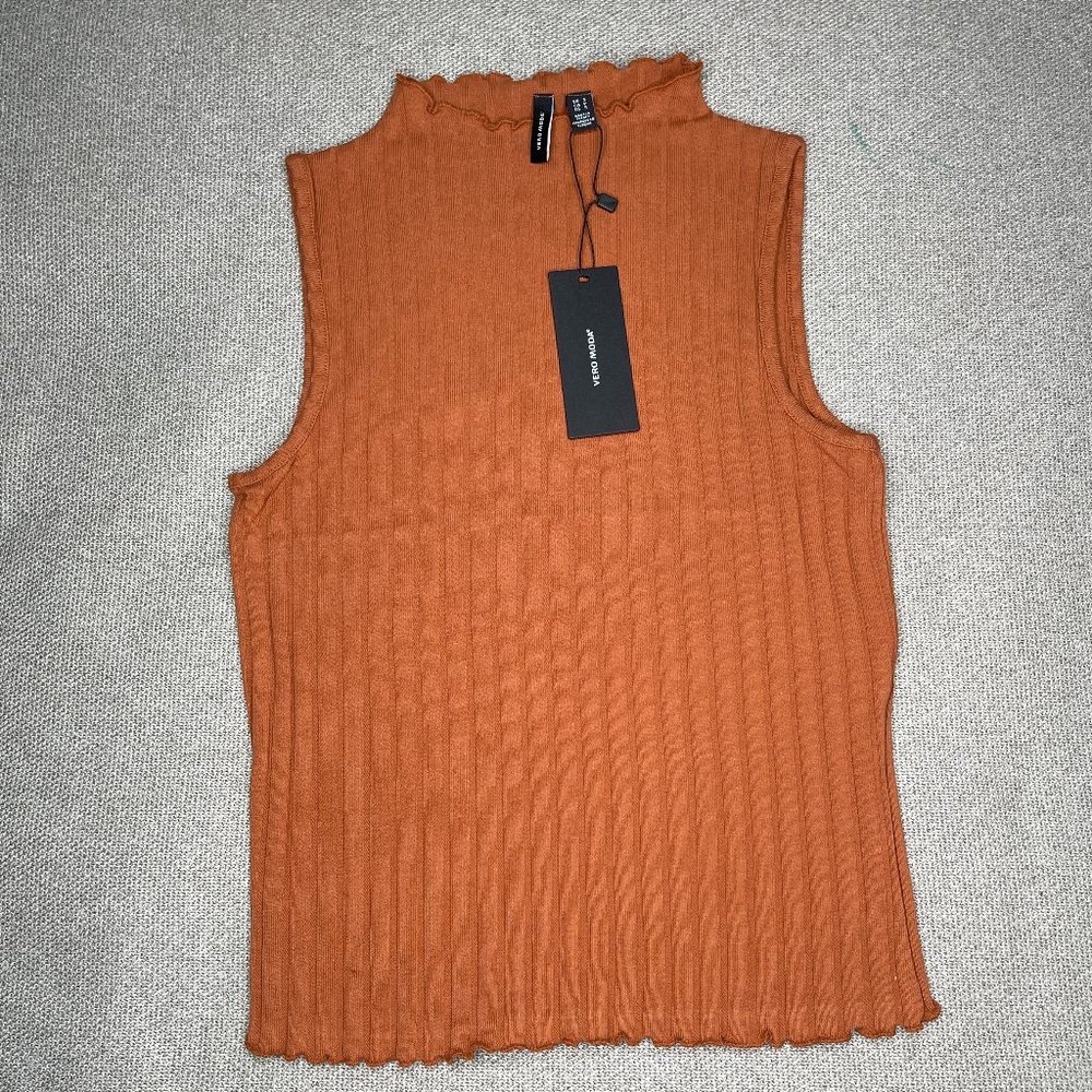 Vero Moda ribbed high neck top with lettuce hem S